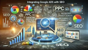 Integrating Google Ads PPC with SEO illustration featuring a digital marketing landscape with computer screens, search engine icons, graphs, charts, and SEO symbols. Key points such as targeting specific keywords, demographics, broader search queries, and maximizing visibility are highlighted. The text Integrating Google Ads PPC with SEO is prominently displayed.