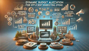 Dynamic Budget Allocation for Efficient Marketing Spend illustration featuring a digital marketing landscape with computer screens, graphs, charts, and budget symbols. Key points such as identifying high-performing channels, adjusting budgets, allocating more funds to higher ROI channels, and reducing spending on underperforming ones are highlighted. The text Dynamic Budget Allocation for Efficient Marketing Spend is prominently displayed.