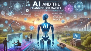 AI and the Changing Job Market illustration featuring a dynamic landscape with robots, digital interfaces, and tech symbols. Key points such as automating tasks, creating new roles, and the emergence of jobs in tech fields like programming and data analysis are highlighted. The text AI and the Changing Job Market is prominently displayed.