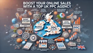 Boost Your Online Sales with a Top UK PPC Agency illustration featuring ecommerce icons, digital marketing symbols, and a map of the UK. Key points such as expert strategies, local market insights, and explosive growth are highlighted. The text Boost Your Online Sales with a Top UK PPC Agency is prominently displayed.