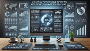 Digital scene illustrating enhanced performance reporting with detailed conversion tracking, featuring a modern dashboard displaying performance metrics, top-performing products, charts, and graphs.