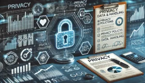 Digital scene illustrating privacy considerations in data tracking and handling, featuring a secure lock icon, privacy policy documents, and a dashboard displaying data tracking information with charts and graphs.