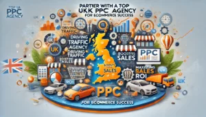 Partner with a Top UK PPC Agency for Ecommerce Success illustration featuring ecommerce icons, digital marketing symbols, and a map of the UK. Key points such as driving traffic, boosting sales, maximizing ROI, and navigating the competitive digital landscape are highlighted. The text Partner with a Top UK PPC Agency for Ecommerce Success is prominently displayed.