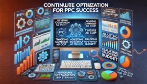 Continuous Optimization for PPC Success illustration featuring computer screens, graphs, charts, and digital marketing icons. Key points such as reviewing campaign performance, tweaking ad copy, adjusting bid strategy, and reallocating budget are highlighted. The text Continuous Optimization for PPC Success is prominently displayed.