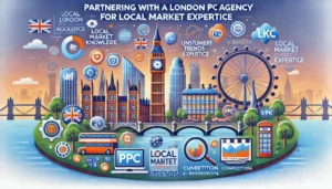 Partnering with a London PPC Agency for Local Market Expertise illustration featuring iconic London landmarks like Big Ben and the London Eye, along with digital marketing symbols, computer screens, graphs, and charts. Key points such as local market knowledge, understanding trends, consumer behavior, and competition in the UK are highlighted. The text Partnering with a London PPC Agency for Local Market Expertise is prominently displayed.