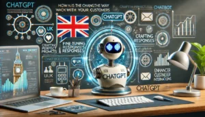 Digital scene illustrating how ChatGPT is changing the way UK brands interact with customers, featuring a chatbot interface, UK flag, and digital communication tools.

