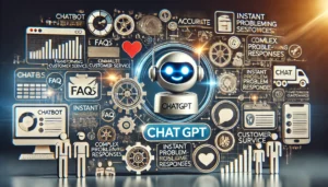 Digital scene illustrating how ChatGPT is transforming customer service, featuring a chatbot interface, digital communication tools, and icons representing instant, accurate, and personalised responses.