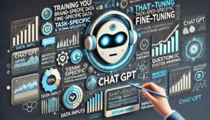 Digital scene illustrating the process of training ChatGPT with brand-specific data, featuring elements representing task-specific and domain-specific fine-tuning, such as sentiment analysis, question-answering, and chat-based customer support.