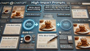 Digital scene illustrating examples of high-impact prompts for ChatGPT, featuring a comparison between a generic prompt "Write about cooking" and a specific instruction "Write a step-by-step recipe for homemade chocolate chip cookies."