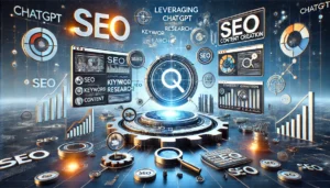 Digital scene illustrating leveraging ChatGPT for SEO and content creation, featuring elements representing SEO strategies, keyword research, and content creation tools.