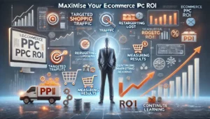 Maximise Your eCommerce PPC ROI illustration featuring online shopping icons, digital marketing symbols, graphs, and charts. Key points such as targeted traffic, retargeting lost opportunities, measuring results, and continuous learning are highlighted. The text Maximise Your eCommerce PPC ROI is prominently displayed.