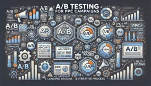 A/B Testing for PPC Campaigns illustration featuring digital marketing symbols, graphs, charts, and split-testing icons. Key points such as testing different ad copies, landing pages, call-to-action buttons, and iterative process are highlighted. The text A/B Testing for PPC Campaigns is prominently displayed.