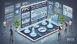 Digital scene illustrating a guide for boosting ROI with PPC for Wix e-commerce stores in the UK, featuring a dashboard with PPC performance metrics, keyword selection tools, and analytics charts.