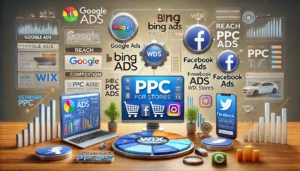 Digital scene illustrating common PPC platforms for Wix stores, featuring logos and interfaces of Google Ads, Bing Ads, Facebook Ads, and Instagram Ads with charts, graphs, and analytics.