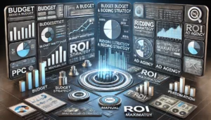 Digital scene illustrating the process of setting a budget and bidding strategy for a PPC campaign, featuring a dashboard with budget settings, bidding strategies, and performance metrics.