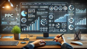 Digital scene illustrating the process of adjusting PPC strategy based on data, featuring a dashboard with campaign data, performance metrics, and trend analysis.