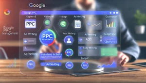 Digital scene illustrating Google PPC management with a dashboard displaying campaign planning, creation, and optimisation tools, including keyword selection, ad writing, budget management, and performance metrics. 