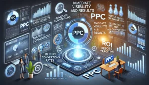 Digital scene illustrating why PPC is essential for businesses, featuring a dashboard with immediate visibility and results, traffic and conversions metrics, and precise targeting tools.