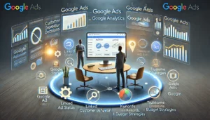 Digital scene illustrating the importance of linking Google Ads with Google Analytics, featuring a dashboard with linked accounts, customer behaviour analytics, and tools for checking ad status, keywords, and budget strategies.