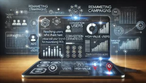 Digital scene illustrating the concept of remarketing campaigns, featuring a dashboard with remarketing strategies, conversion data, and targeted ads, highlighting user interaction, high-value users, and potential remarketing opportunities.