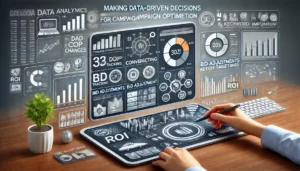 Digital scene illustrating the concept of making data-driven decisions for campaign optimisation, featuring a dashboard with data analytics, conversion tracking, bid adjustments, ad copy changes, and keyword targeting.