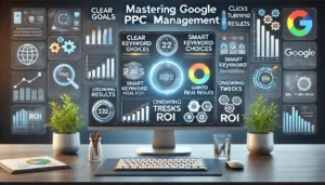 Digital scene illustrating the concept of mastering Google PPC management, featuring a dashboard with clear goals, smart keyword choices, and ongoing tweaks for optimisation, along with charts and graphs representing clicks turning into real results and growing ROI. 