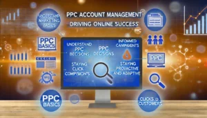 PPC Account Management: Driving Online Success illustration featuring digital marketing symbols, computer screens, graphs, charts, and icons representing clicks converting into customers. Key points such as understanding PPC basics, informed decisions, managing campaigns, staying proactive and adaptive, and transforming clicks into customers are highlighted. The text PPC Account Management: Driving Online Success is prominently displayed.