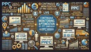 Continuous Monitoring and Optimization of PPC Campaigns illustration featuring digital marketing symbols, computer screens, graphs, charts, and icons representing adjustments. Key points such as tweaking ad copy, adjusting bids, refining target audience, and conducting PPC audits are highlighted. The text Continuous Monitoring and Optimization of PPC Campaigns is prominently displayed.