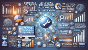 Outsourcing PPC Account Management for Expert Optimization illustration featuring digital marketing symbols, computer screens, graphs, charts, and icons representing expertise and industry knowledge. Key points such as understanding industry nuances, audience behaviors, staying updated with digital trends, and optimizing campaigns for best performance are highlighted. The text Outsourcing PPC Account Management for Expert Optimization is prominently displayed.