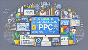 A Guide to Google Ads PPC illustration featuring digital marketing symbols, computer screens, graphs, charts, and Google Ads icons. Key points such as reaching new customers, increasing brand awareness, and driving sales are highlighted. The text A Guide to Google Ads PPC is prominently displayed.