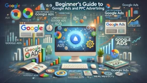 Beginner's Guide to Google Ads and PPC Advertising illustration featuring digital marketing symbols, computer screens, graphs, charts, and Google Ads icons. Key points such as understanding Google Ads, creating effective campaigns, reaching target audiences, and driving real results are highlighted. The text Beginner's Guide to Google Ads and PPC Advertising is prominently displayed.