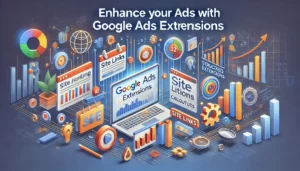 Enhance Your Ads with Google Ads Extensions illustration featuring digital marketing symbols, computer screens, graphs, and charts. Different types of extensions such as site links, callouts, and structured snippets are highlighted. The text Enhance Your Ads with Google Ads Extensions is prominently displayed.