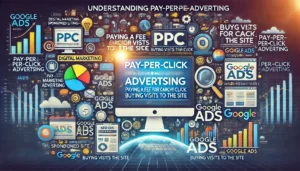 Understanding Pay-Per-Click Advertising illustration featuring digital marketing symbols, computer screens, graphs, and charts. Key points such as paying a fee for each click, buying visits to the site, and Google Ads as the most popular PPC system are highlighted. The text Understanding Pay-Per-Click Advertising is prominently displayed.