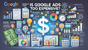 Is Google Ads Too Expensive? illustration featuring digital marketing symbols, computer screens, graphs, charts, and a dollar sign representing costs. Key points such as real costs of PPC advertising, separating myths from facts, and evaluating Google Ads as an investment are highlighted. The text Is Google Ads Too Expensive? is prominently displayed.