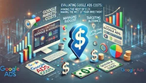 Evaluating Google Ads Costs: Making the Most of Your Investment illustration featuring digital marketing symbols, computer screens, graphs, charts, and dollar signs representing costs. Key points such as managing budget, targeting the right audience, optimizing campaigns, and reaching potential customers are highlighted. The text Evaluating Google Ads Costs: Making the Most of Your Investment is prominently displayed.