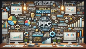 Keyword Competition and Google Ads PPC Costs illustration featuring digital marketing symbols, computer screens, graphs, charts, and a keyword cloud. Key points such as competition for specific keywords, higher costs in competitive industries like finance or legal, and the benefits of choosing less competitive, long-tail keywords are highlighted. The text Keyword Competition and Google Ads PPC Costs is prominently displayed.