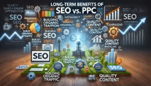 Long-Term Benefits of SEO vs. PPC illustration featuring digital marketing symbols, computer screens, graphs, charts, and search engine icons. Key points such as building organic traffic, sustainability, cost-effectiveness, quality content, and backlinks are highlighted. The text Long-Term Benefits of SEO vs. PPC is prominently displayed.