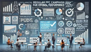 Regular PPC Campaign Audits for Optimal Performance illustration featuring digital marketing symbols, computer screens, graphs, charts, and checkmarks indicating auditing and adjustments. Key points such as maintaining effectiveness, ensuring return on investment, catching issues early, and making data-driven decisions are highlighted. The text Regular PPC Campaign Audits for Optimal Performance is prominently displayed.