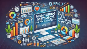 Monitoring Metrics for PPC eCommerce Success illustration featuring digital marketing symbols, computer screens, graphs, charts, and key performance indicators (KPIs). Key points such as efficiency, better ROI, and close monitoring of metrics are highlighted. The text Monitoring Metrics for PPC eCommerce Success is prominently displayed.