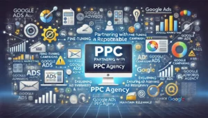 Partnering with a Reputable PPC Agency illustration featuring digital marketing symbols, computer screens, graphs, charts, and Google Ads icons. Key points such as fine-tuning campaigns, ensuring ad visibility and engagement, and maintaining relevance are highlighted. The text Partnering with a Reputable PPC Agency is prominently displayed.