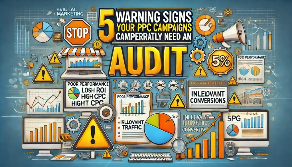 5 Warning Signs Your PPC Campaigns Desperately Need an Audit featuring digital marketing symbols, computer screens, graphs, charts, and warning signs.