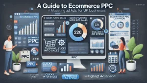 Digital scene illustrating a guide to ecommerce PPC for UK businesses, featuring a dashboard with PPC campaign metrics, engaging ad examples, and tools for selecting the right agency, with charts and graphs representing clicks turning into sales and optimised ad spend.