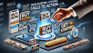 Digital scene illustrating the concept of incorporating strong calls to action in advertising, featuring various CTAs such as "Buy Now" and "Get Started" prominently displayed in ad examples.