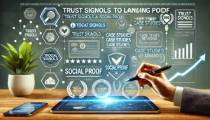 Digital scene illustrating the use of trust signals and social proof on a landing page, featuring testimonials, reviews, case studies, certifications, and awards prominently displayed.