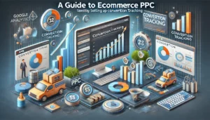 Digital scene illustrating a guide to ecommerce PPC focusing on measuring and analysing PPC performance, featuring a modern dashboard displaying conversion metrics, tools like Google Analytics, and visuals of goals and funnels representing the customer journey.

