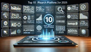 Digital dashboard showcasing the top 10 paid search platforms for 2024 and 2025 with logos, charts, and graphs.