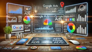 Digital scene showcasing the power of Google Ads in PPC advertising, featuring the Google Ads logo and various ad formats such as text, image, video, and app install ads displayed on a modern dashboard with charts and graphs.

