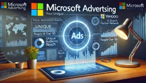 Digital scene showcasing the power of Microsoft Advertising, featuring the Microsoft Advertising logo, ads on Bing, Yahoo, and its Search Partner Network, with charts and graphs representing unique audience reach, particularly targeting demographics like people over 50.