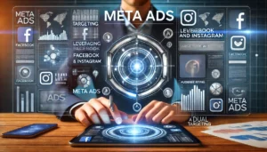 Digital scene showcasing the power of Meta Ads, leveraging Facebook and Instagram, with ads appearing on both platforms and a modern dashboard displaying audience reach and targeting options.