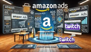 Digital scene showcasing the power of Amazon Ads for targeting eCommerce shoppers, featuring the Amazon Ads logo and ads on the Amazon home page, search results, product detail pages, Twitch, and third-party websites and apps.

